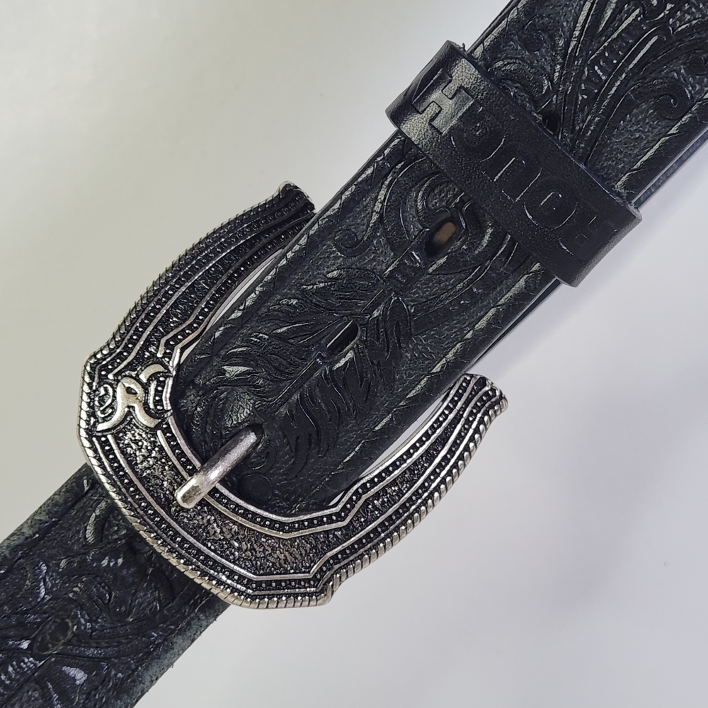 Roughy Genuine Leather Belt Black with Intricate Silver Buckle 38